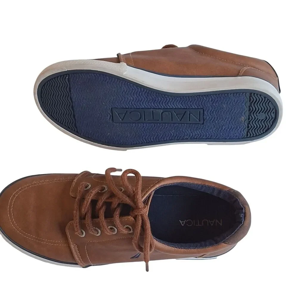 Nautica Boys Brown Faux Leather Low Top Sneakers Lace Up Casual Shoes GOOD